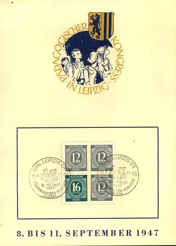1947, Sonderblatt mit W 158 (16/12 Pfg) plus 12/12 Pf. im Viererblock mit Sonderstempel "LEIPZIG C 1"
