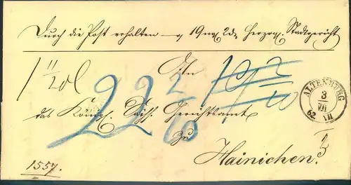 1862, Auslagenbrief von ALTENBURG nach Hainichen.