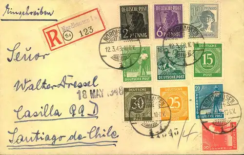 1948, bunt frankiertes Einschrein mit Not-R-Zettel "(15a) Nordhausen 1 a) nach Santiago de Chike