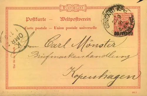 1891, INCOMING MAIL, stationery card from "CONSTANTINOPEL DEUTSCHE POST" to Kopenhagen