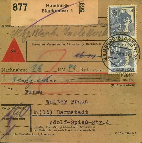 1948, Paketkartenstammteil ab HAMBURG-BLANKENESE mit MeF 80 Pfg. Arbeiter