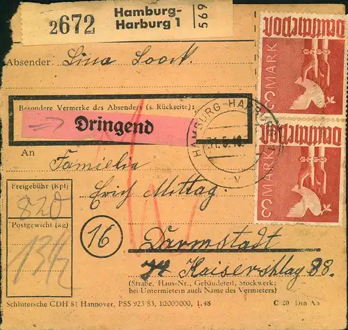 1948, Paketkartenstammteil ab HAMBURG-HARBURG mit hoher Frankatur