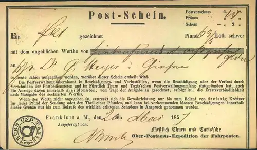1857, Ortsdruckpostschein aus Frankfurt a.M.