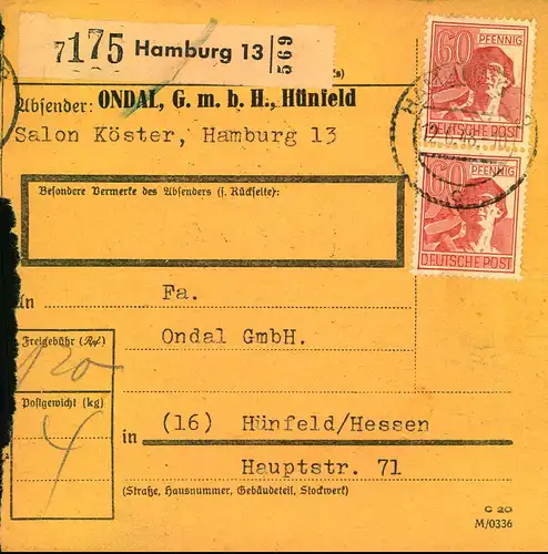 1948, Paketkarte ab HAMBURG mit MeF 2-mal 60 Pfg. Arbeiter