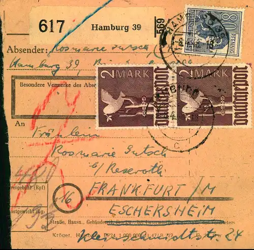 1948, Paketkarte ab HAMBURG 30 mit hoher Frankatur