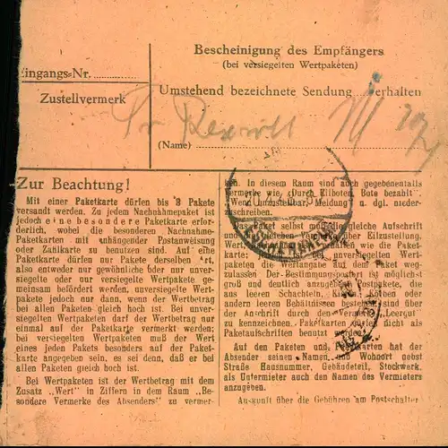 1948, Paketkarte ab HAMBURG 30 mit hoher Frankatur