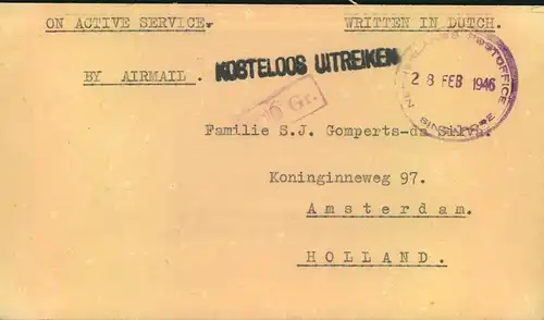 1946, Military mail "On active duty" from "NETHERLAND POSTOFFICE SINGAPORE" to Amsterdam