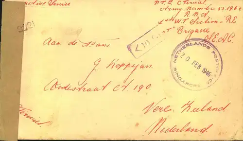 1946, Military mail censored from "NETHERLAND POSTOFFICE SINGAPORE" to Amsterdam