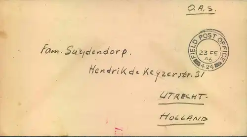 1946, military mail from "FIELD POST IFFCE 424" used in occupied Rheiland to Utrecht.