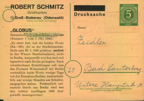 1947, 5 Pfg. Ganzsachenkarte mit privatem Zudruck und Postfreistempel ab Groß-Bieberau