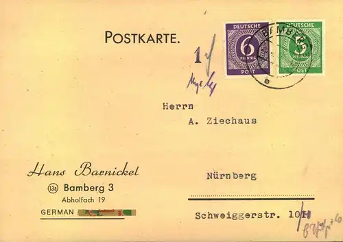 1946, Postkarte mit seltenem "Gübühr bezahlt" Vermerk als Portoergänzung von BAMBERG 3
