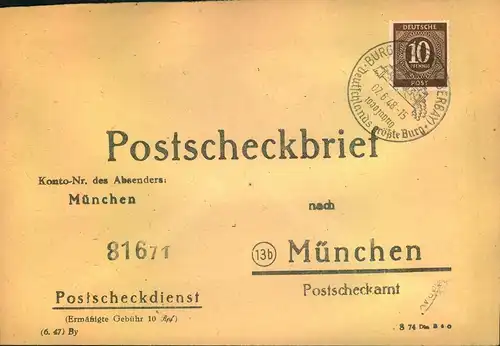 1948, 20 Pfg. Ziffer als EF auf Postscheckbrief ab BURGHAUSEN nach München