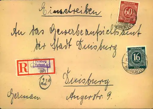 1946, "DUISBURG RUHRORT 1" seltener Not-R-Zettel auf Orts-R-Brief 60 und 15 Pfg. Ziffer