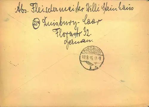 1946, "DUISBURG RUHRORT 1" seltener Not-R-Zettel auf Orts-R-Brief 60 und 15 Pfg. Ziffer