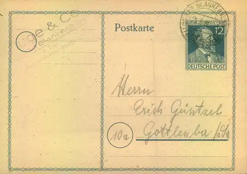 1948, 12 Pfg. Stephan Ganzsachenkarte mit privatem Zudruck (Rückseite) ab BLANKENBURG