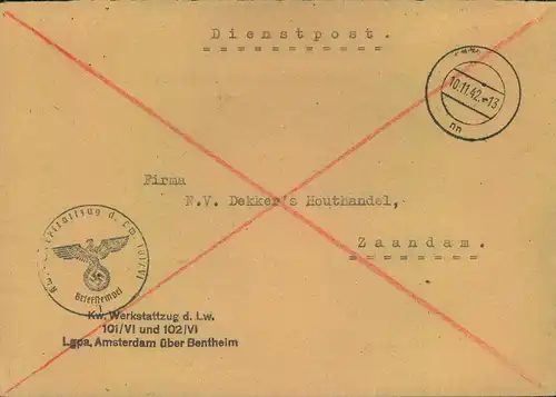 1942, DEUTSCHE DIENSTPOST NIEDERLANDE -stummer Stempel Lgpa. Amsterdam über Bentheim