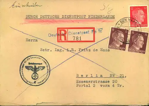 1943, DEUTSCHE DIENSTPOST NIEDERLANDE - Einschreiben DEN HAAG,, "Der Reichskommissar"