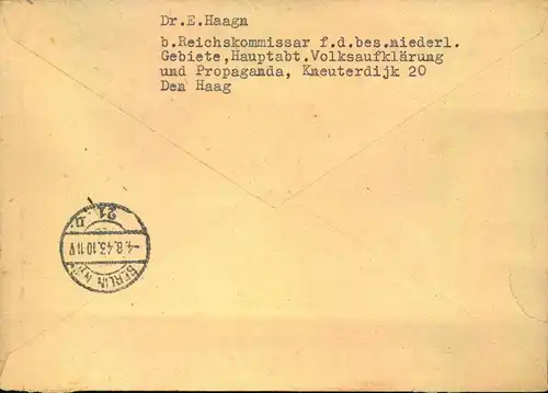 1943, DEUTSCHE DIENSTPOST NIEDERLANDE - Einschreiben DEN HAAG,, "Der Reichskommissar"