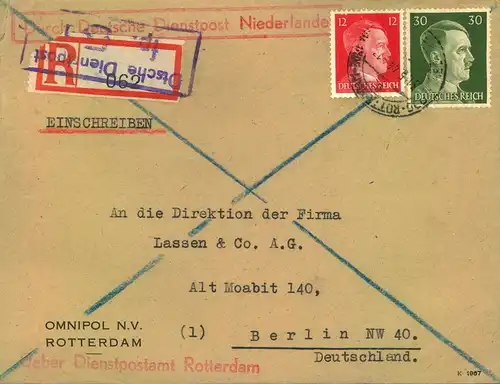1944, DEUTSCHE DIENSTPOST NIEDERLANDE - Geschäfts-Einschreiben ROTTERDAM