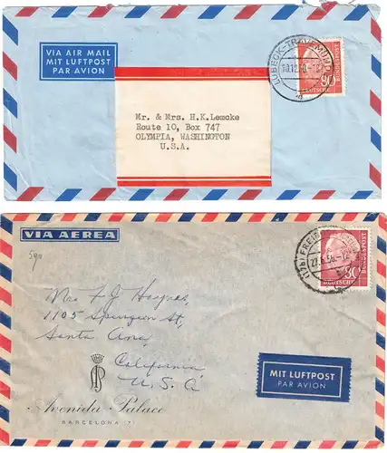 1956/1960, 2 Luftpostbriefe mit 80 Pfg. Heuss I und Heuss II. Interessantes Paar