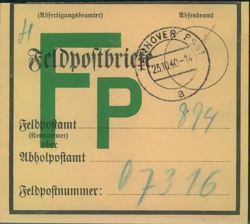 1940, Vorbindezettel für Feldpostbriefe "HANNOVER PSST"