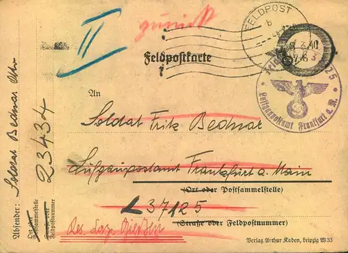 1940, Feldpostkarte mit Maschinen-Tarnstempel über Luftgau-PA Frankfurt weitergeleitet ins Lazarett Gießen