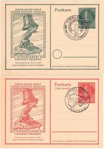 1954, 10 und 20 Pfg. Ganzsachenkarten "Friedensglocke" je mit Sonderstempel
