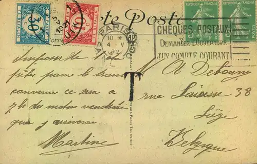 1921, Postkarte von Paris nach Liege, Belgien mit 10 und 30 C. Nachporto.