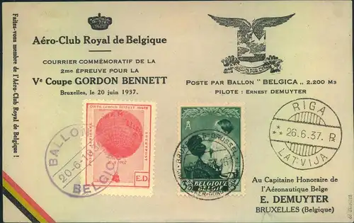 1937, Sonderkarte 5. Coupe GORDON BENNETT-"Poste par Ballon "BELGICA" mit Ankunftsstempel RIGA