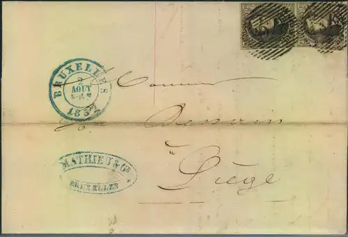 1852, Faltbrief mit senkrechtem Paar 10 C ab BRUXELLES nach Liege