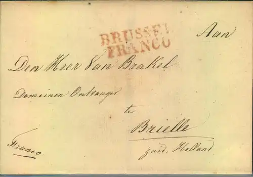 1830 (?), Faltbriefhülle "BRUSSEL FRANCO" nach Brielle, Süd-Holland