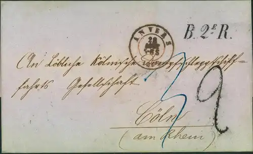 1852, Faltbrief ab ANVERS nach Cöln, Transit "AUS BELDGIEN PER AACHEN"