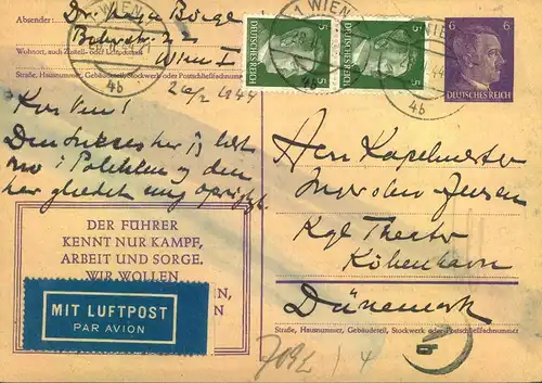 1944, Luftpostkarte zum Europaporto von WIEN nach Kopenhagen, Dänemark