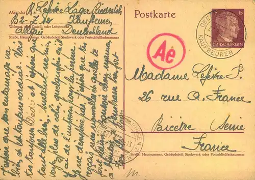 1944, 15 Pfg. GSK eines Französischen Zwangsarbeiters aus dem Lager "Riederloh" Post "OBERGERMARINGEN/KAUFBEUREN"