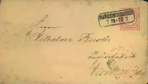 1875, 1 Ganzsachenumschlag 1 Groschen gr. Brustschild sehr spät verwendet "MARKNEUKIRCHEN 7 VII 75"