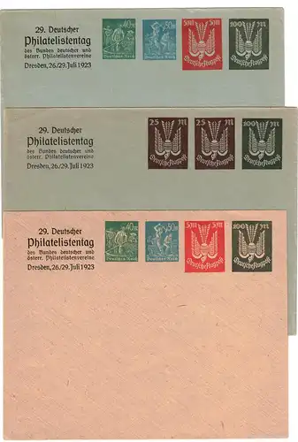 1923, 3 verschiedene Privatganzschanumschläge zum "29. Deutschen Philatelistentag - Dresden"