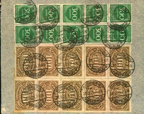 1923, 22.9., Aufbrauchsfrankatur von 36 Werten mit "Gebühr bezahlt" "10.000" als Teilbarfrankatur ab SCHWERIN (MECKL.)