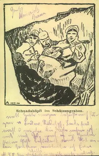 1916 (ca.): "Schnadahüpfl im Schützengraben" Propagandakarte WK 1, gelaufen per Feldpost