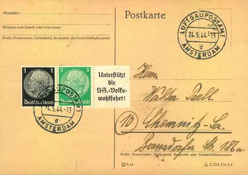 19443, Postkarte an bekannte Anschrift mit Stempel "LUFTGAUPOSTAMT AMSTERDAM d"