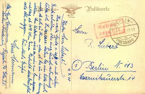 1948, roter "Gebühr bezhalt" auf Orts-Postkarte ab BERLIN FRIEDENAU 1 o 9.7.48), selten