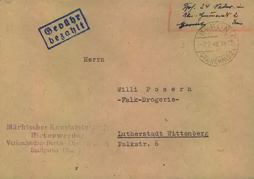 1948, handschriftlicher, sehr seltener Einnahmenachweis üb. "DPf 24" ab BERLIN-GRUNEWALD 7.7.48"