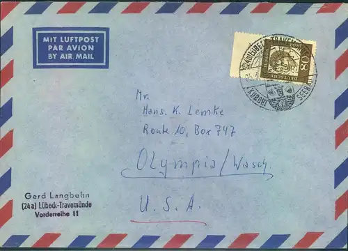 1962, 80 Pfg. Bedeutende Deutsche vom Oberrand auf Luftpostbrief ab LÜBECK in die USA