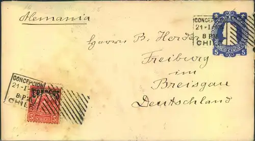 1906, uprated 5 Centavo stationery envelope cancelled by Hoster machine from CONCEPTIO to Bremen
