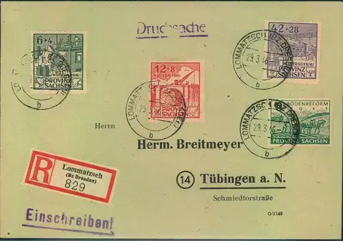 1946, Einschreib-Drucksache (Antwortumschlag) mit portogerechter 66 Pfg. Frankatur ab LOMMATZSCH (Bz. Dresden)