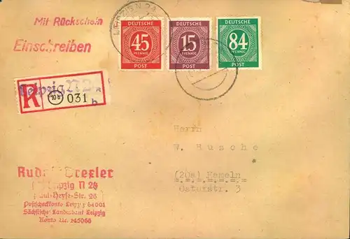 1948, portogerechtes EInschreiben mit Rückschein mit Not-R-Zettel LEIPZIG N 24 nach Hameln