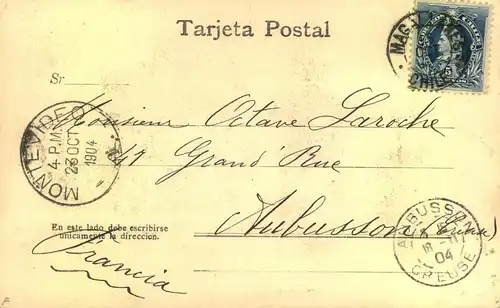 1906, picture postcard from "MAGALLANES", Chili via Montevideo to Aubusson, France