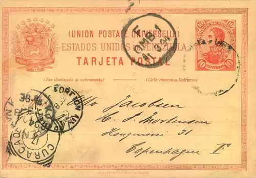 1904, 10 C. stationery card from MARACAIBO via Curacao to Kopenhagen