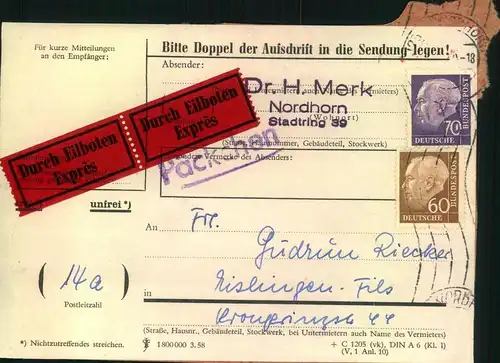 1959, ca., 60 und 70 Pfg. Heuss II auf Adresse eines Eil-Päckchens ab NORDHORN: Selten (Götz 600,-)