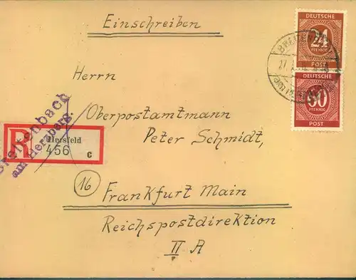 1946, Einschreiben mit überstempeltem R-Zettel "Breitenbach am Herzberg" (ursprünglich Hersdeld)