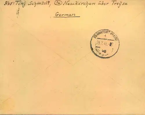 1946, Einschreiben mit überstempeltem R-Zettel "Breitenbach am Herzberg" (ursprünglich Hersdeld)